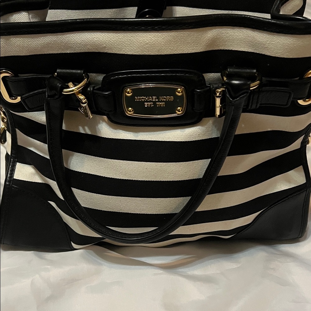 Michael Kors Black and White Striped Hamilton Canvas Tote with Gold Hardward